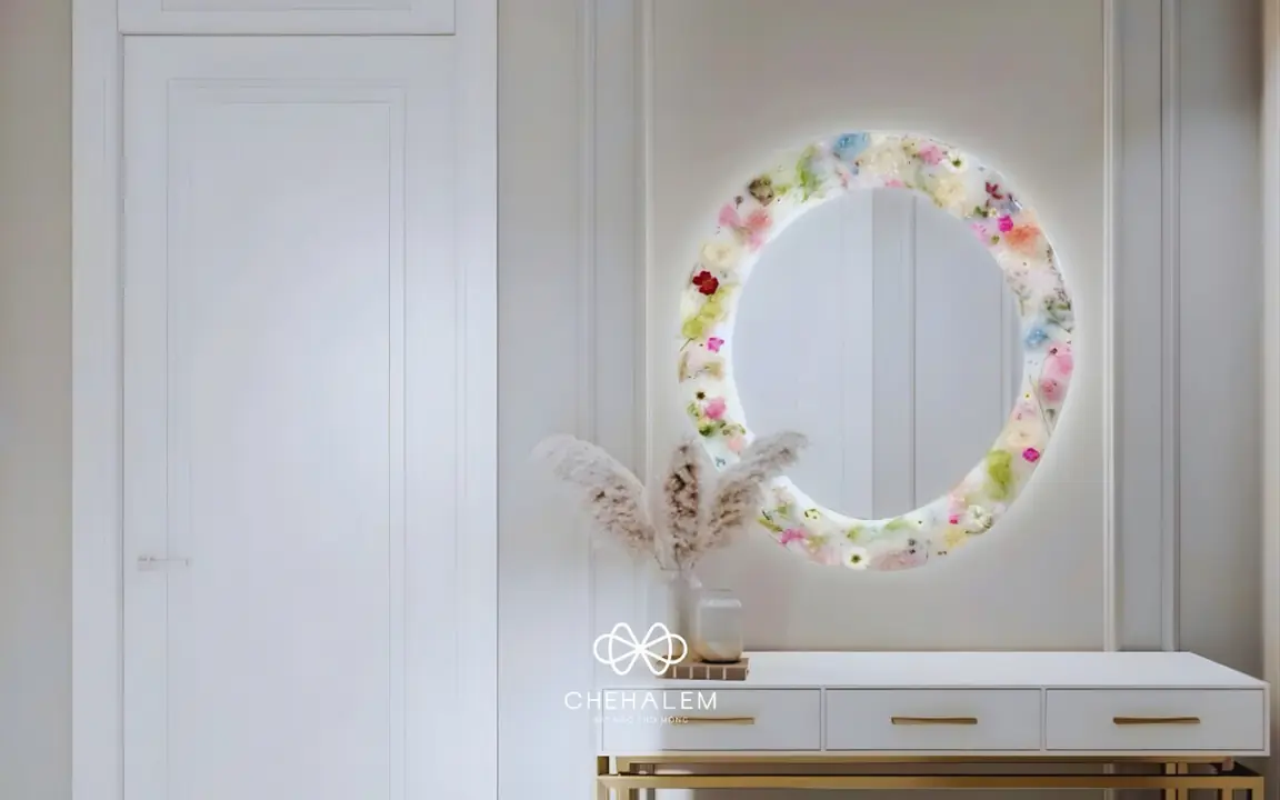 Gương soi handmade làm từ keo epoxy kết hợp lá khô
